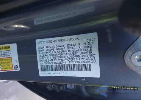 2020 Honda Accord Sport from USA, damaged, VIN 1HGCV1F33LA050543
